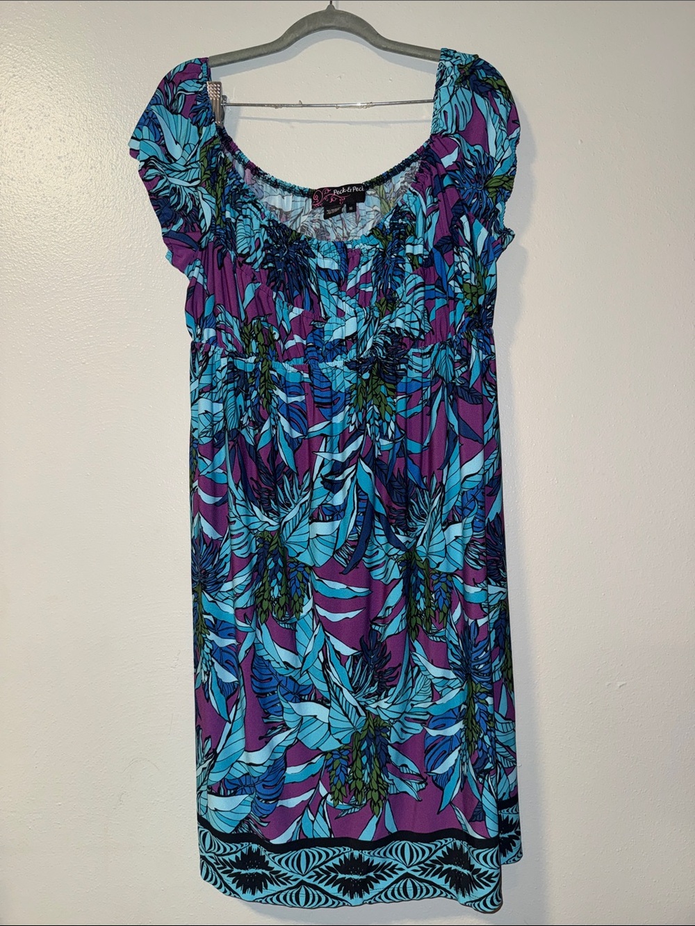 Tropical Floral Scoop Neck Dress in Teal & Purple